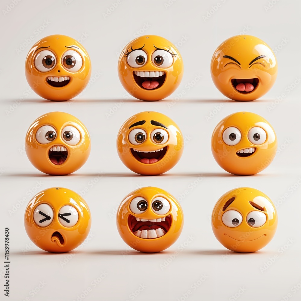 Fototapeta premium Bright and colorful round faces exhibit a variety of emotions, from happiness to surprise, creating an inviting atmosphere for fun and laughter among friends and family.