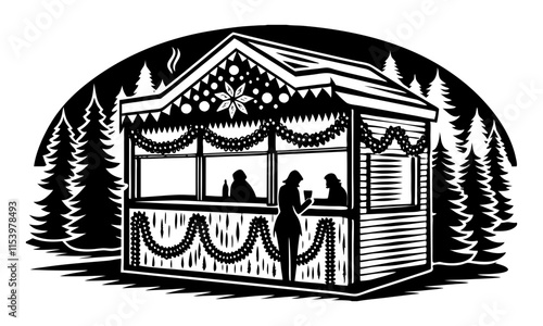 Download  A Cozy Outdoor Hot Cocoa Stand Decorated With Christmas Lights And Garlands, Cozy Christmas Fair Vector Illustration . This Design Concept Isolated Premium Vector. 