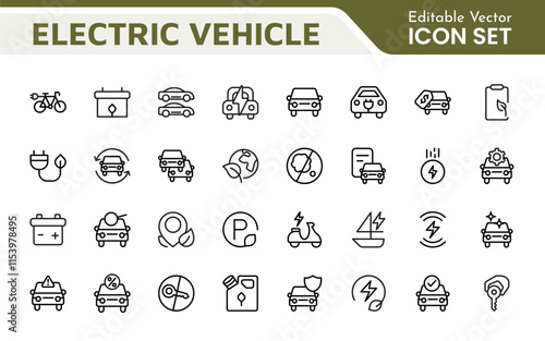 Electric Vehicle and Car Icon Set. A modern collection of icons showcasing electric transportation, perfect for enhancing automotive apps, websites, and sustainability initiatives.