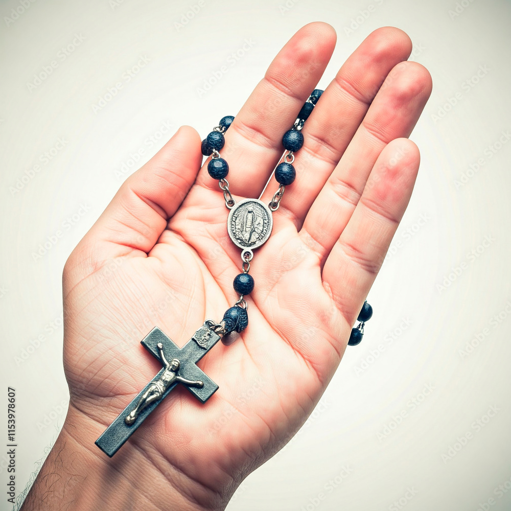 Praying the rosary, hand with Christian rosary Praying the rosary, hand with Christian rosary