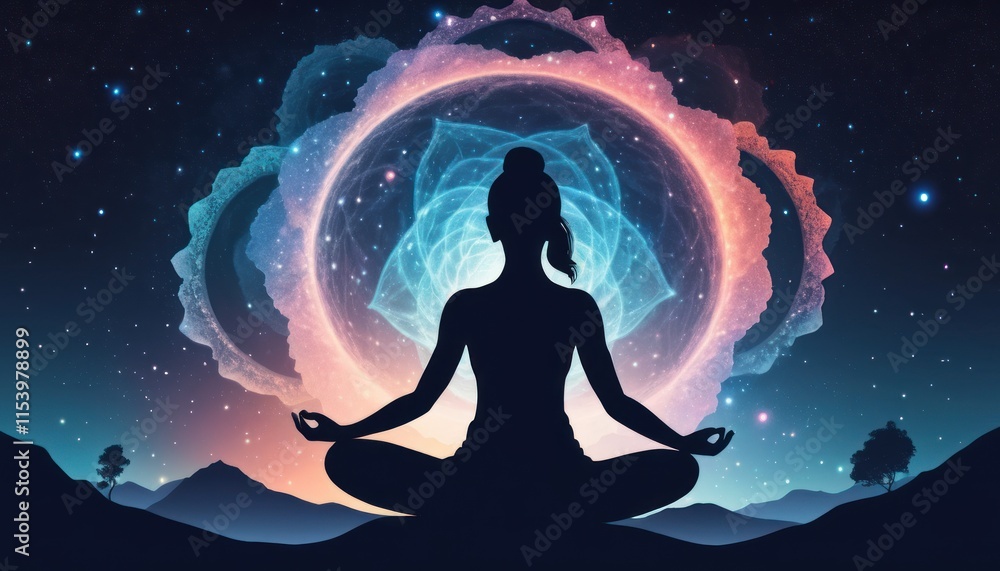 silhouette of yoga girl in lotus pose. Abstract background with Helix Nebula silhouette of yoga girl in lotus pose. Abstract background with Helix Nebula