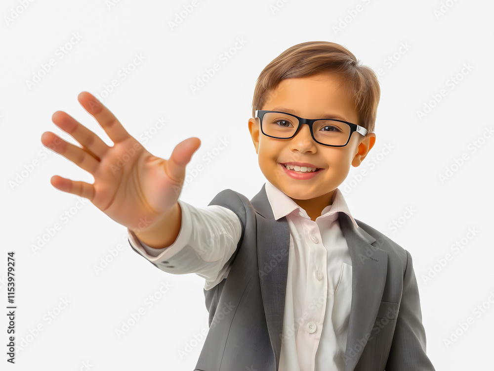 business, education, gesture and people concept - smiling little boy in eyeglasses waving hand over white background business, education, gesture and people concept - smiling little boy in eyeglasses waving hand over white background