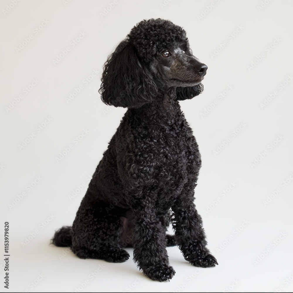 Black poodle dog sitting, studio shot. Black poodle dog sitting, studio shot.
