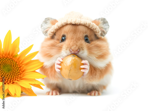 Hamster with egg and sunflower isolated on a white background.