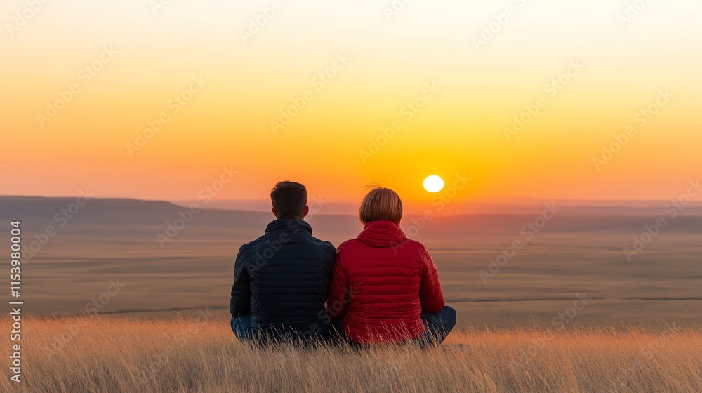 A couple enjoying a breathtaking sunset together, seated on a grassy hill, surrounded by vast open fields, showcasing the beauty of nature and romance in a peaceful setting. A couple enjoying a breathtaking sunset together, seated on a grassy hill, surrounded by vast open fields, showcasing the beauty of nature and romance in a peaceful setting.