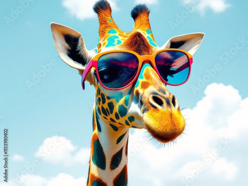 Colorful giraffe with sunglasses photo