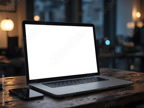 blank screen laptop template on table, three quarter angle, cozy cafe for setting background, warm lighting photo