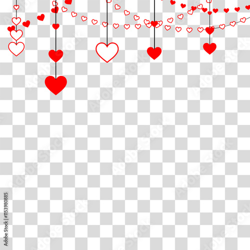 Happy Valentines Day card with hanging Love. Red Paper hearts garland for Valentines Day Card. Vector Illustration. EPS10. Cute garlands and pennants.Valentines hearts vector background. Celebration 