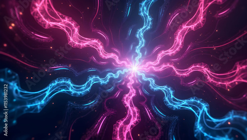 Abstract colorful background with different geometric shapes, neon colors merging with each other and fractal patterns with a cosmic energy