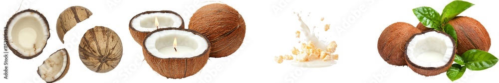 A coconut hovering in a splash of cream, isolated on a see-through background. A coconut hovering in a splash of cream, isolated on a see-through background.