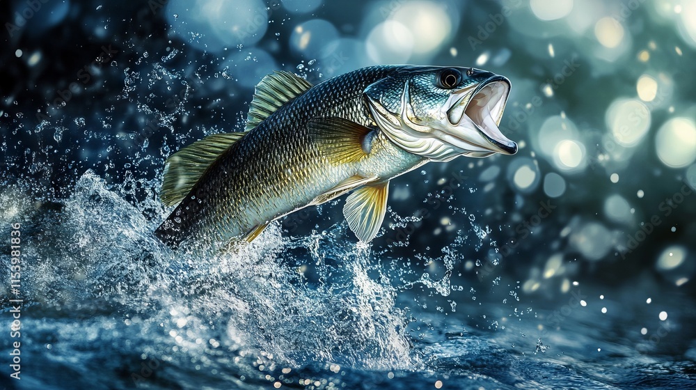 Bass Fish Jumping Out of Water with Splash, AI generated illustration Bass Fish Jumping Out of Water with Splash, AI generated illustration