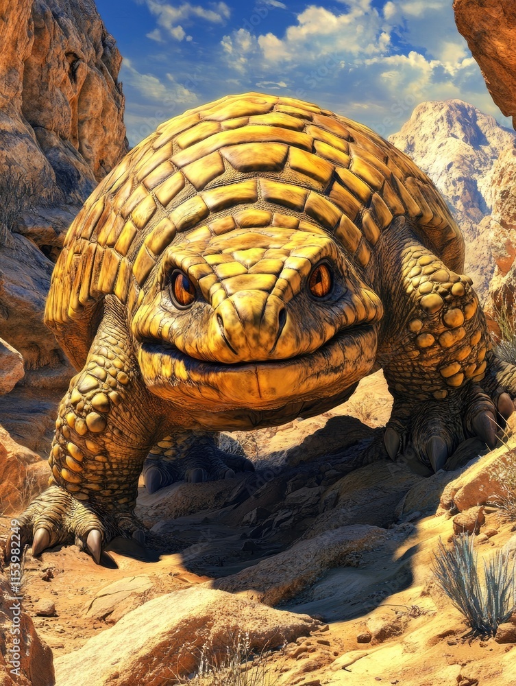 Fototapeta premium A large, stylized tortoise in a rocky desert landscape, exuding a fierce demeanor.