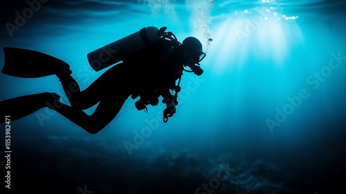 Wallpaper Mural A diver explores the serene underwater world, surrounded by vibrant marine life and striking light beams filtering through the water surface, offering a glimpse into ocean beauty. Torontodigital.ca