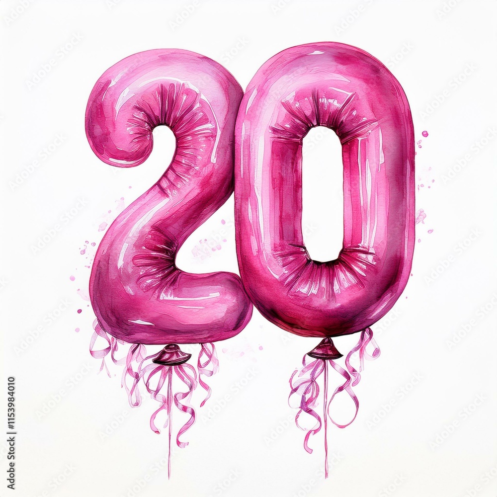 Pink birthday / anniversary balloon, number 20, watercolor painting with white background