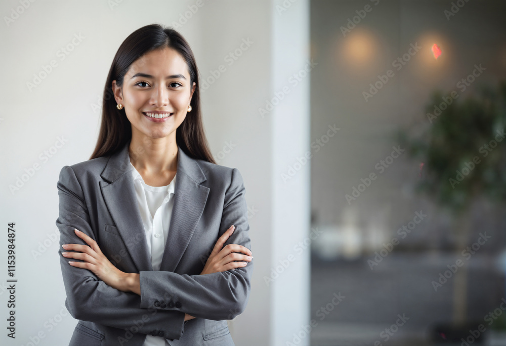 Smiling asian female professional confidently standing in a modern office setting, dressed in formal attire, conveying determination and success. Smiling asian female professional confidently standing in a modern office setting, dressed in formal attire, conveying determination and success.