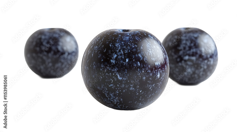 Three blue marbled apples are arranged in a row against a white background.