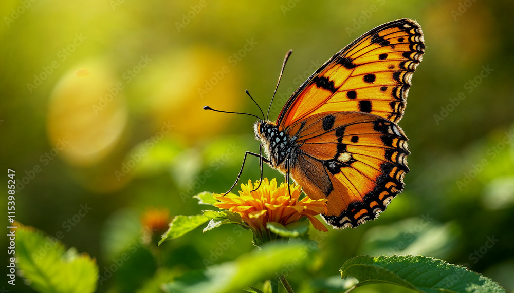 Obraz premium A close-up of an orange and black butterfly with spotted wings perched on a green flower