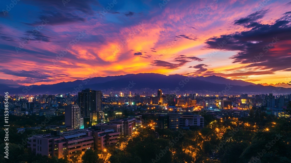 Sunset View of City Skyline with Landmark Building, Mountains, and Colorful Sky in Taiwan's Capital, AI generated illustration Sunset View of City Skyline with Landmark Building, Mountains, and Colorful Sky in Taiwan's Capital, AI generated illustration