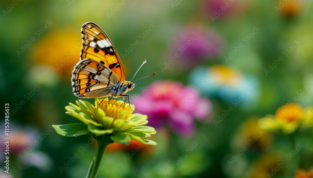 A close-up of an orange and black butterfly with spotted wings perched on a green flower A close-up of an orange and black butterfly with spotted wings perched on a green flower