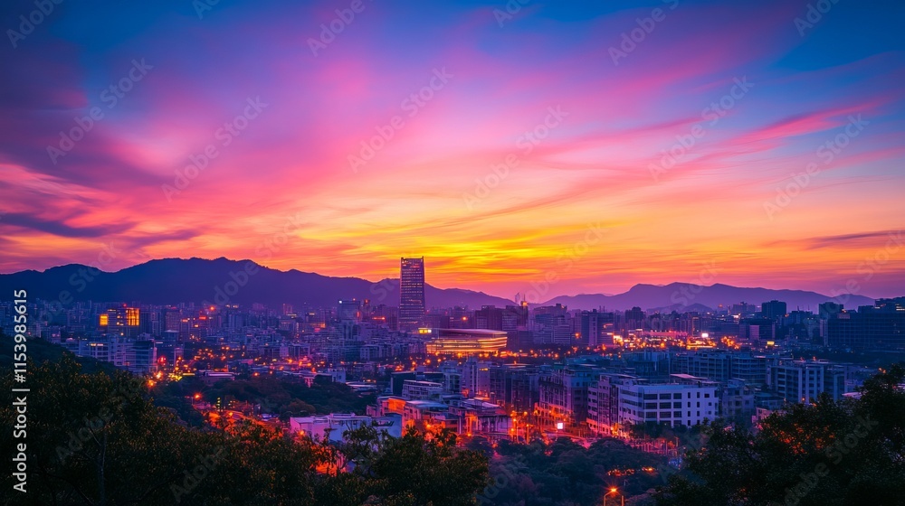 Fototapeta premium Sunset View of City Skyline with Landmark Building, Mountains, and Colorful Sky in Taiwan's Capital, AI generated illustration