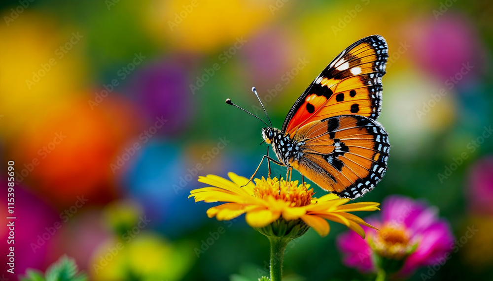 A close-up of an orange and black butterfly with spotted wings perched on a green flower A close-up of an orange and black butterfly with spotted wings perched on a green flower