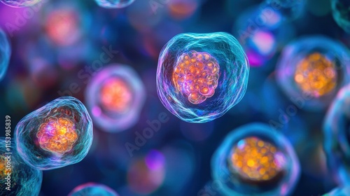 Mesenchymal stem cells in action, vibrant hues, intricate details, illuminated for scientific focus