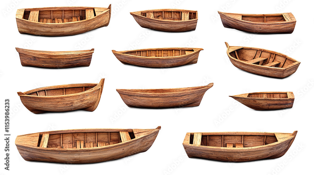 a collection of wooden boats on a plain background. a collection of wooden boats on a plain background.