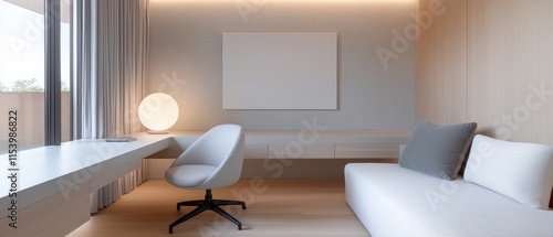 Fototapeta Naklejka Na Ścianę i Meble -  A white room with a desk, chair, and couch