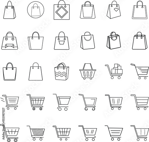 Shopping Bags, Carts, and Retail Icons A Collection of Line Art