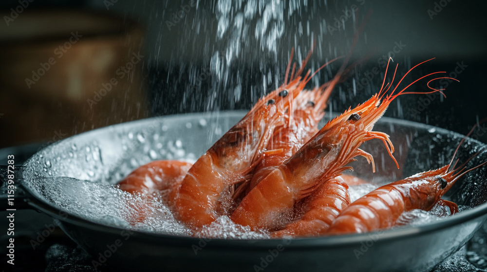 Cooking succulent shrimp in a skillet with bubbles rising from the hot water on a dark background Cooking succulent shrimp in a skillet with bubbles rising from the hot water on a dark background