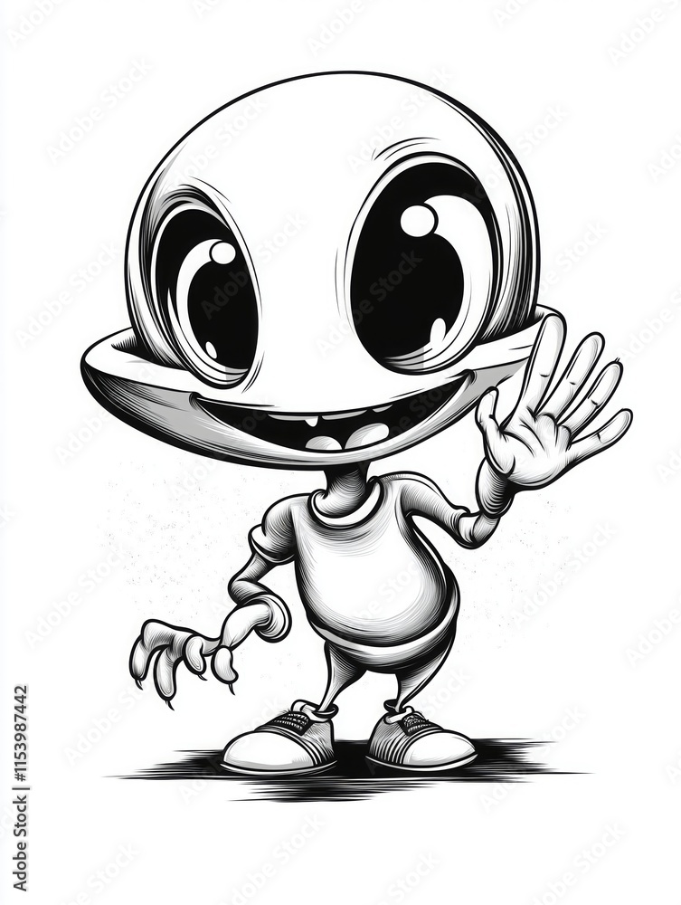 With a friendly wave, the alien in the flying saucer captures the wonder of the cosmos above With a friendly wave, the alien in the flying saucer captures the wonder of the cosmos above