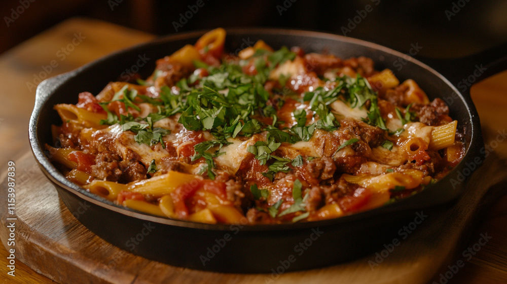 Baked pasta dish with ground meat, cheese, and fresh herbs served in a skillet Baked pasta dish with ground meat, cheese, and fresh herbs served in a skillet