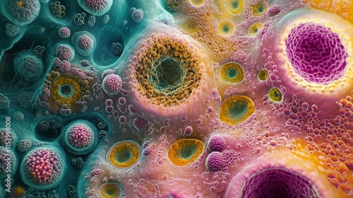 Vibrant mesenchymal stem cells under a microscope, intricate cellular patterns, scientific detail