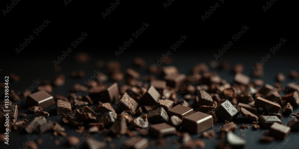 Fototapeta premium Dark Chocolate Pieces and Chunks Scattered on a Dark Surface