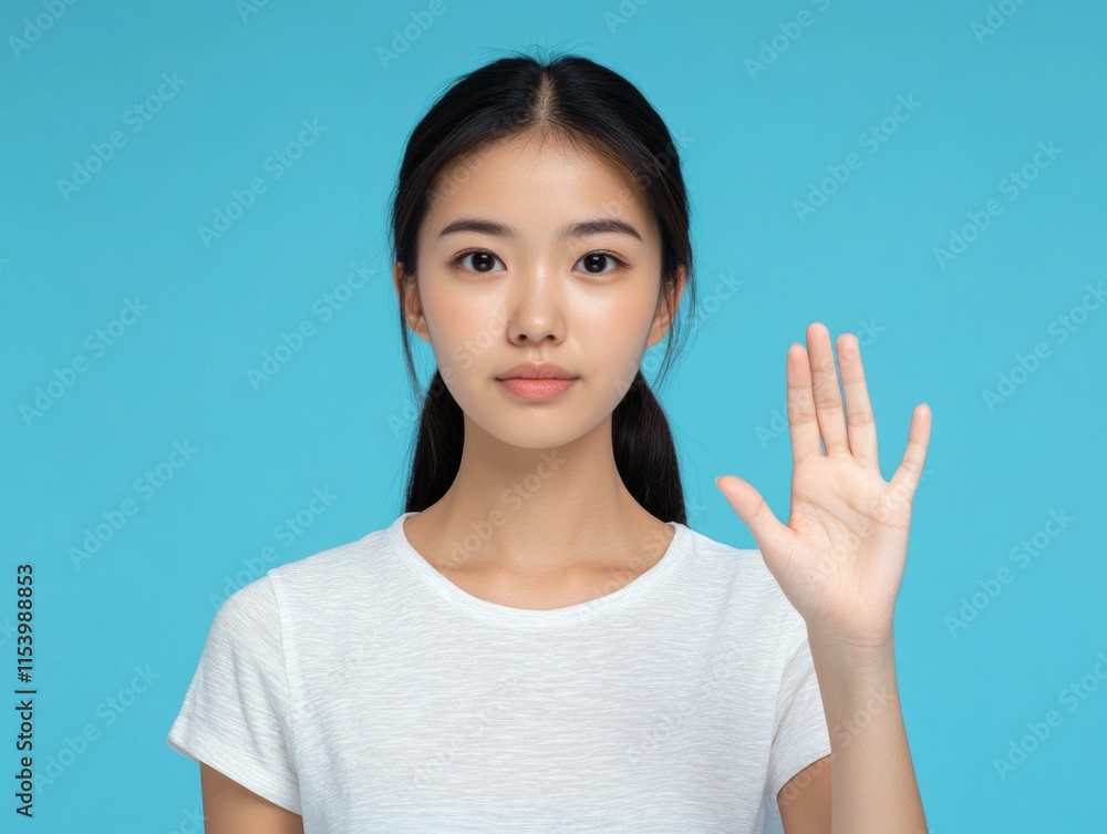 Happy Asian Woman Waving with Both Hands Against Bright Blue Background Happy Asian Woman Waving with Both Hands Against Bright Blue Background