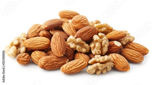 Close-up of a pile of almonds and walnuts isolated on white background.