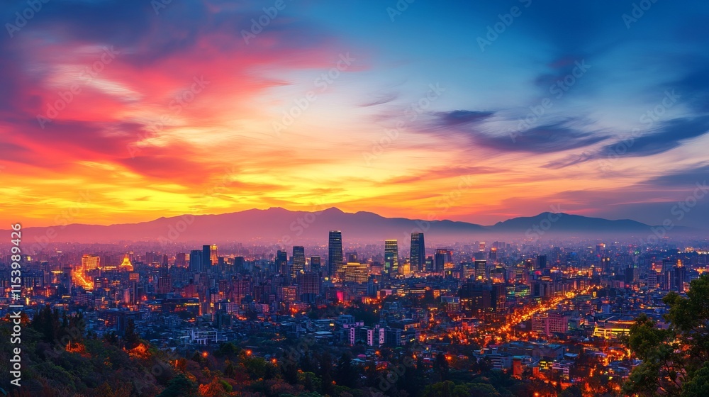 Sunset View of City Skyline with Landmark Building, Mountains, and Colorful Sky in Taiwan's Capital, AI generated illustration Sunset View of City Skyline with Landmark Building, Mountains, and Colorful Sky in Taiwan's Capital, AI generated illustration