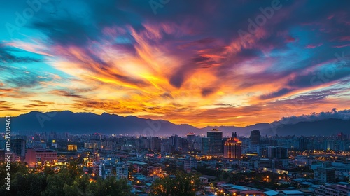 Wallpaper Mural Sunset View of City Skyline with Landmark Building, Mountains, and Colorful Sky in Taiwan's Capital, AI generated illustration Torontodigital.ca