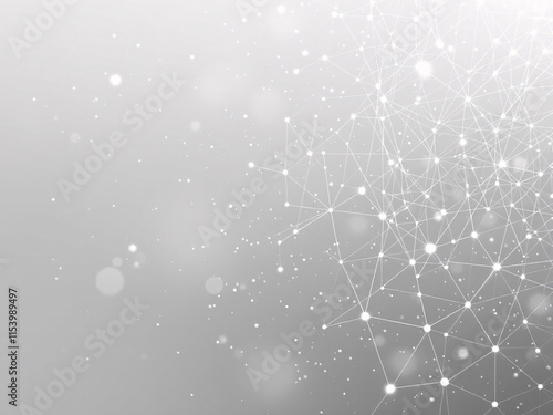 Abstract network of glowing dots and lines on a grey background, representing digital connections.