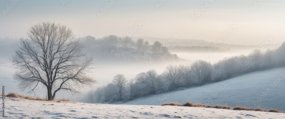 Panoramic view of foggy winter landscape with frozen trees Panoramic view of foggy winter landscape with frozen trees