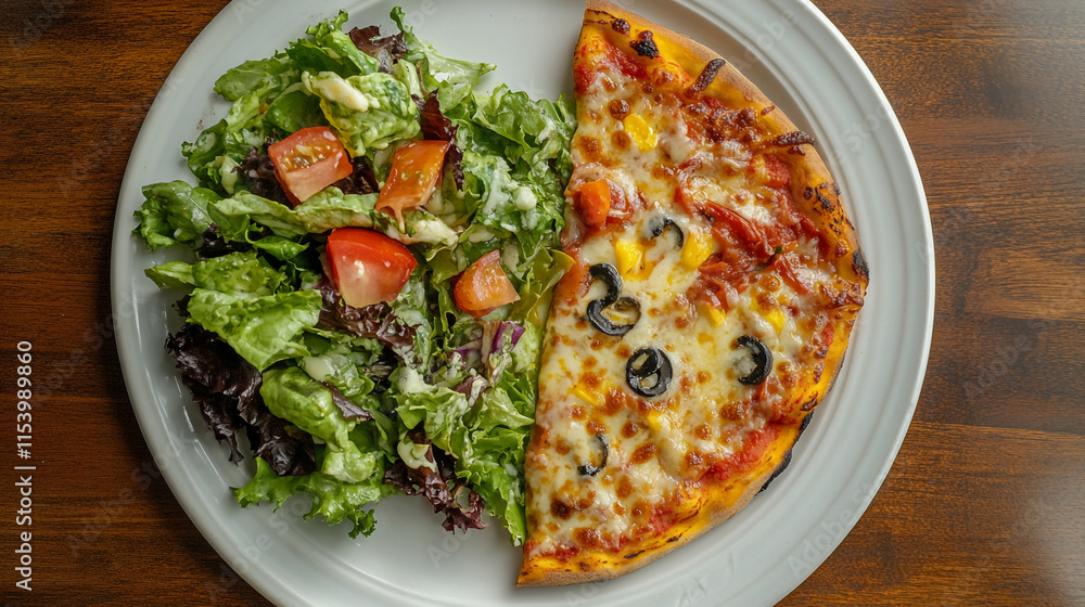 Delicious pizza and fresh salad served on a plate at a casual dining restaurant during lunchtime Delicious pizza and fresh salad served on a plate at a casual dining restaurant during lunchtime