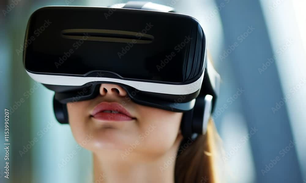 Young woman enjoying immersive virtual reality experience with modern VR headset in tech-inspired environment, showing excitement and engagement in digital world Young woman enjoying immersive virtual reality experience with modern VR headset in tech-inspired environment, showing excitement and engagement in digital world