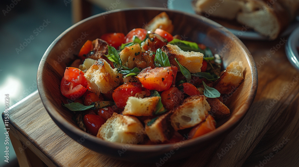 Fresh bruschetta with tomatoes and basil in a wooden bowl served at a cozy cafe during daylight Fresh bruschetta with tomatoes and basil in a wooden bowl served at a cozy cafe during daylight