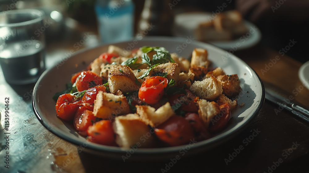 Fresh tomato salad with croutons served in a rustic setting at a casual dining place Fresh tomato salad with croutons served in a rustic setting at a casual dining place