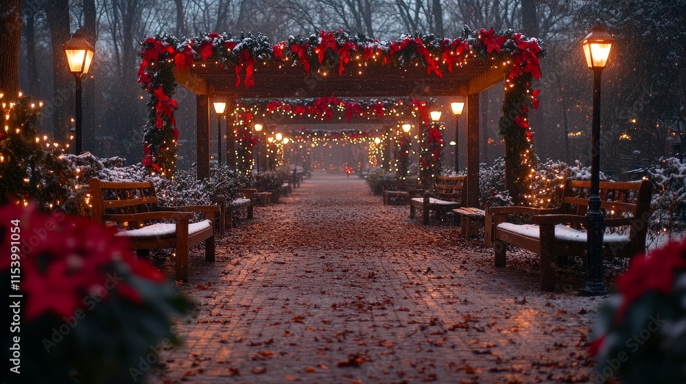 Obraz premium Winter park path adorned with festive decorations