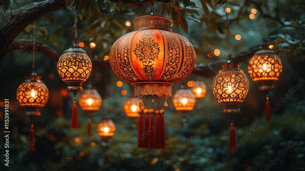 Obraz premium Illuminated lanterns hanging in a tranquil garden