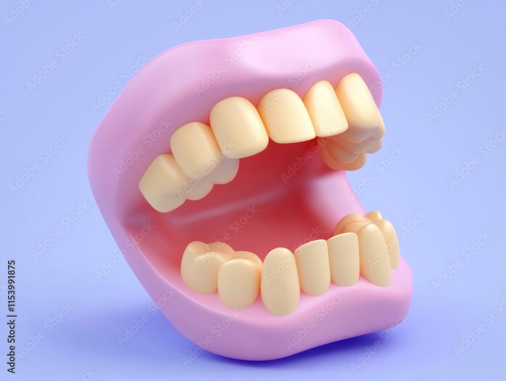 Obraz premium The image features a 3D model of a pink, open mouth displaying a set of teeth against a light blue background.