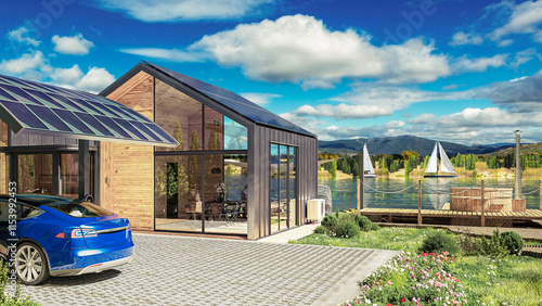 Energy Supply at a Vacation Home With  Charging Station for Electric Car - 3D Visualization