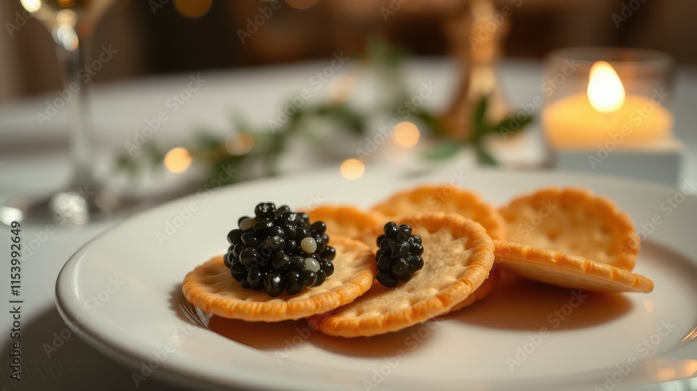 Elegant appetizer of caviar on crispy crackers served at a romantic dinner setting Elegant appetizer of caviar on crispy crackers served at a romantic dinner setting