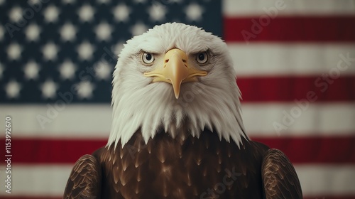 A majestic bald eagle stands proudly in front of the American flag, showcasing its sharp gaze and powerful presence. This iconic bird symbolizes freedom and strength in the wild. photo